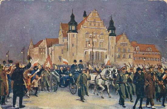 Paderewskis Ankunft in Posen in Begleitung englischer Offiziere am Donnerstag, den 26. Dezember 1918