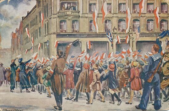 Polnische Kinder, die sich am Freitagvormittag, den 27. Dezember 1918 in Posen vor dem Bazar Ignacy Paderewski zu Ehren versammelten.