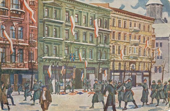 Das 6. Deutsche Grenadier-Regiment in Begleitung der deutschen Bevölkerung reist am Freitag, den 27. Dezember 1918 in den vorabendlichen Stunden die polnischen Fahnen und die Koalitionsflaggen vom Sitz des Obersten Volksrates in Posen in der Straße św. Marcina 40 ab.