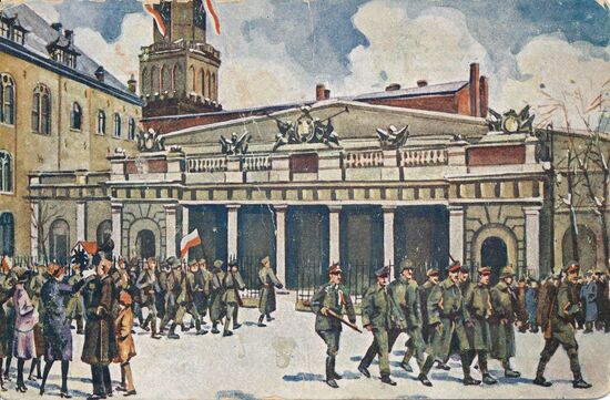 Historischer Moment – Abmarsch der deutschen Wache und Ankunft der polnischen Wache in der Hauptwache, am alten Marktplatz in Posen