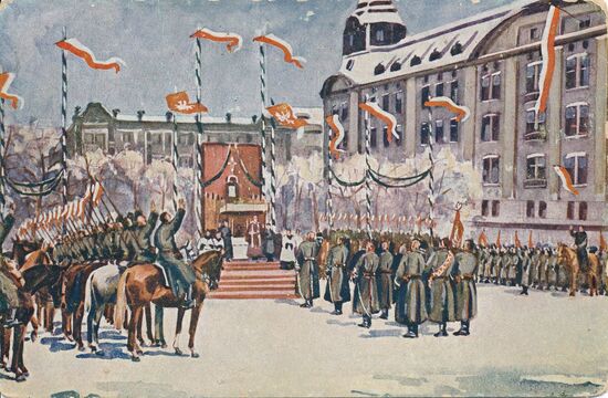 Vereidigung der Großpolnischen Streitkräfte unter der Führung von General Dowbór Muśnicki am Sonntag, den 26. Januar 1919 in Posen auf dem Wilhelmsplatz (Freiheitsplatz)