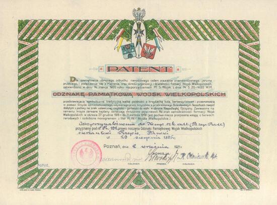 Patent der Gedenk-Auszeichnung der Großpolnischen Streitkräfte