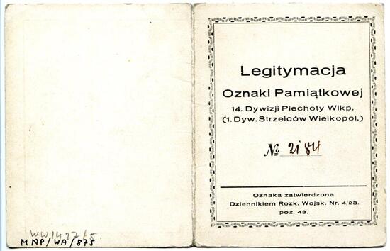 Legitimation der Gedenk-Auszeichnung der 14. Infanterie-Division (der 1. Großpolnischen Schützen-Division)
