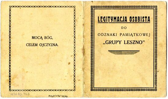 Legitimation der Gedenk-Auszeichnung der „Gruppe Leszno”
