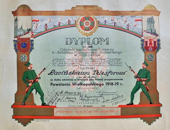 Diplom der Gedenk-Auszeichnung des 1. Posener Grenz-Bataillons in Szczypiorno