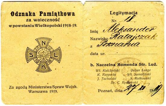 Legitimation der Gedenk-Auszeichnung für die Tapferkeit im Aufstand Großpolens 1918-19 des ehemaligen Oberkommandos der Volkswehr
