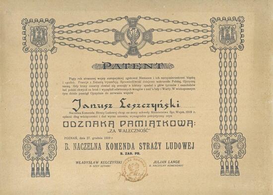 Patent der Gedenk-Auszeichnung für die Tapferkeit im Aufstand Großpolens 1918-19 des ehemaligen Oberkommandos der Volkswehr