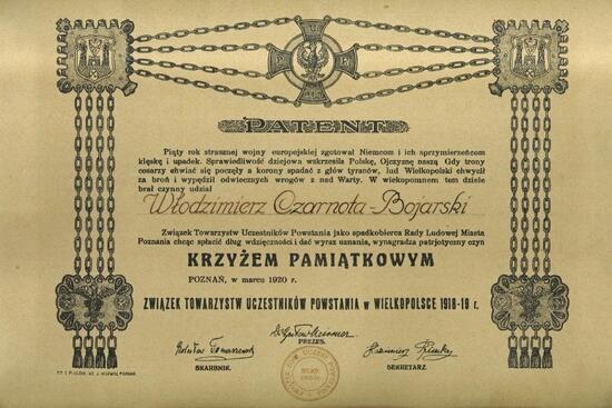 Patent der Auszeichnung des Verbandes des Vereins der Teilnehmer des Großpolnischen Aufstandes 1918/19