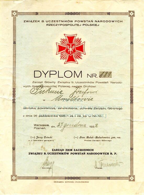 Diplom der Auszeichnung für Aufständische des Verbandes der ehemaligen Teilnehmer der Nationalen Aufstände der Republik Polen 1914-1919