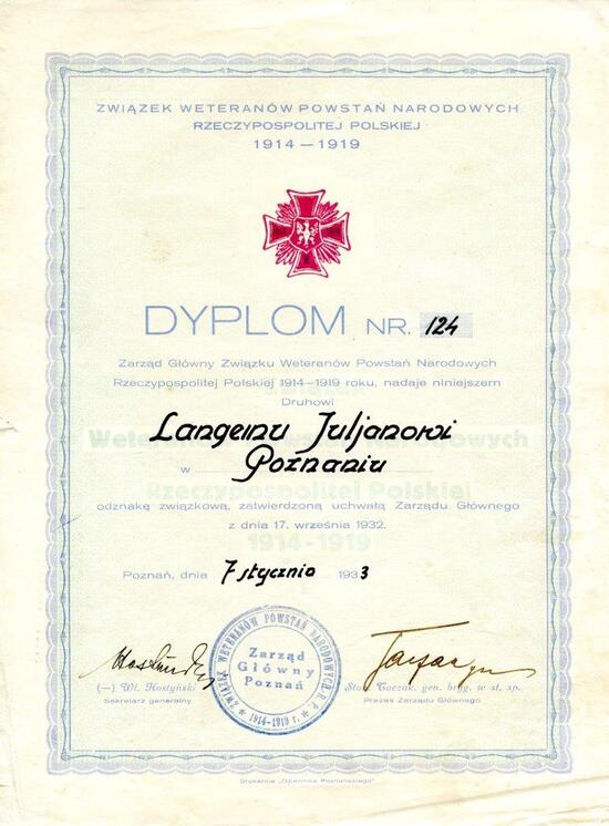 Diplom der Auszeichnung des Verbandes der Veteranen der Nationalen Aufstände der Republik Polen 1914-1919