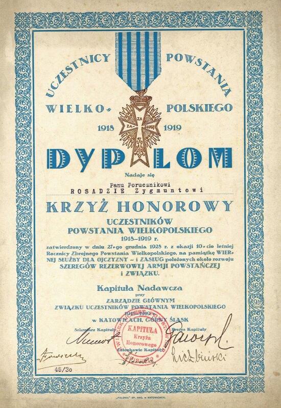 Diplom der Auszeichnung „Ehrenkreuz der Teilnehmer des Großpolnischen Aufstandes 1918-1919” des Verbandes der Teilnehmer des Großpolnischen Aufstandes 1918-1919 in Katowice